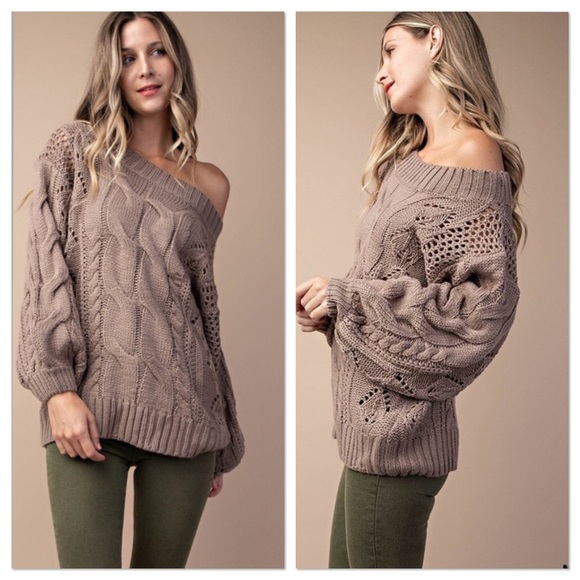 Mocha Cable Knit Puff Sleeves Sweater - Picture 5 of 6